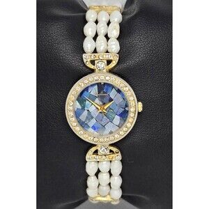 Vintage Lucoral Women's Watch Silver Tone Blue Mosaic Pearl Band 14